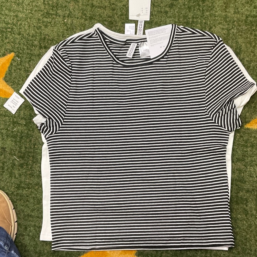 Divided 2-pack Short Sleeve Crop Top- Solid White and Black/White Stripe